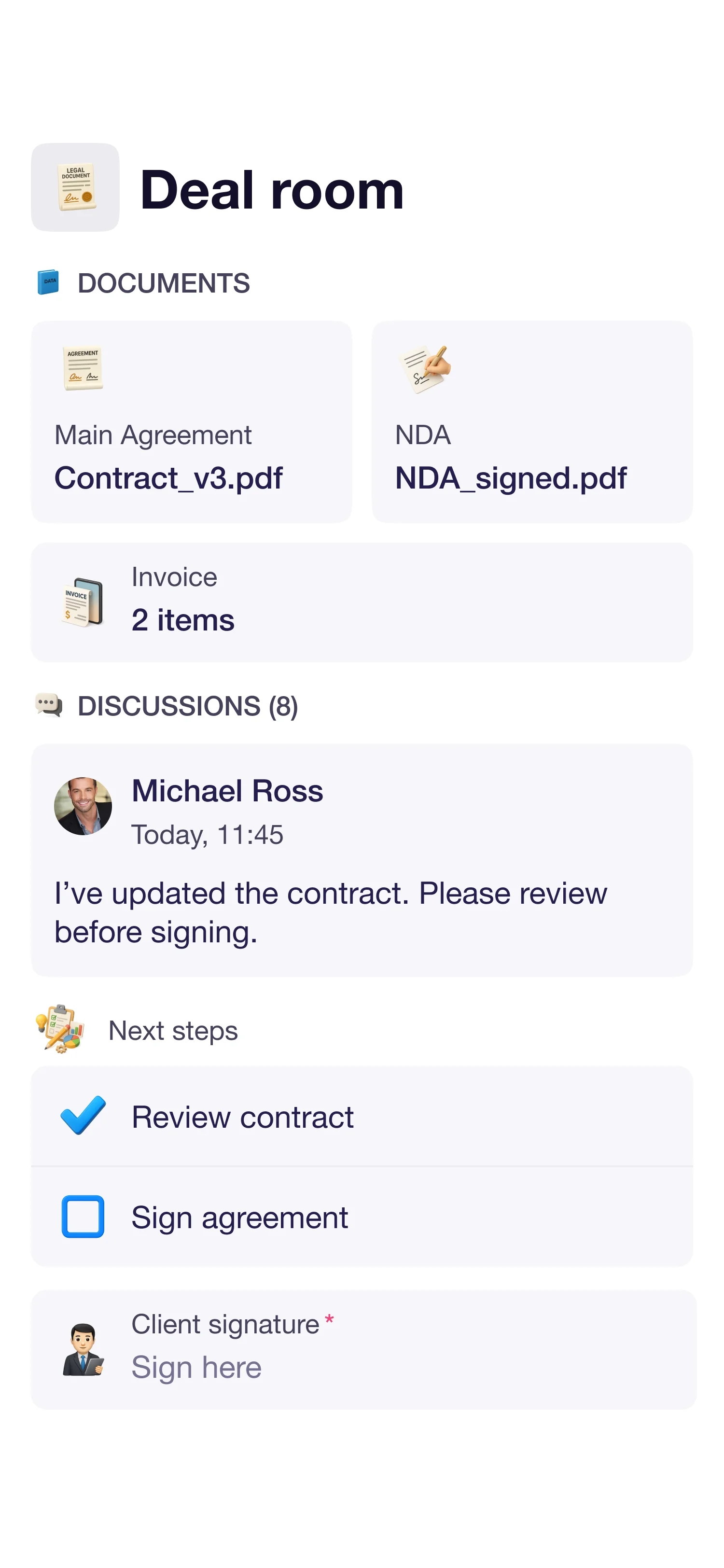 Holacrafts app — Agreement Review page with discussions, materials and tasks